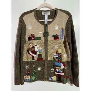 Vtg TIARA Int'l Sweater Cardigan M Santa Ugly Christmas Presents Festive Stretch